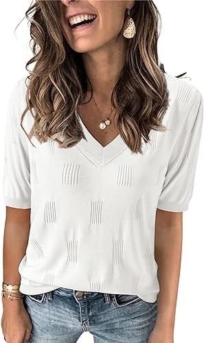 Arach&Cloz Women's Spring Summer Tops 2023 Fashion V Neck Short Sleeve Pullover Knitted Casual Fall Sweater