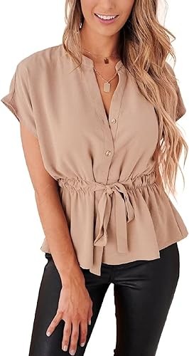 Womens Button Down Blouses Casual Peplum Summer Tops Dressy Chiffon Work Blouse