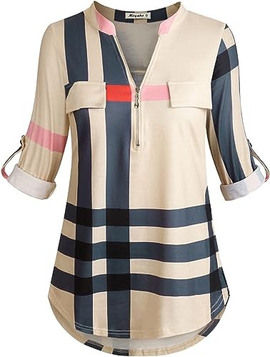 Moyabo Women's 3/4 Cuffed Sleeve Zipped V Neck Plaid Tunic Shirt Blouses