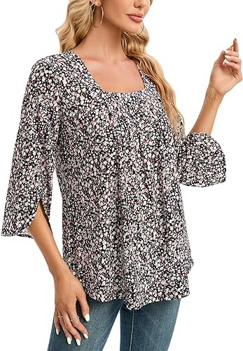 Veeiid Womens 3/4 Sleeve Tops Dressy Casual Square Neck Shirts Loose Tunic Blouses